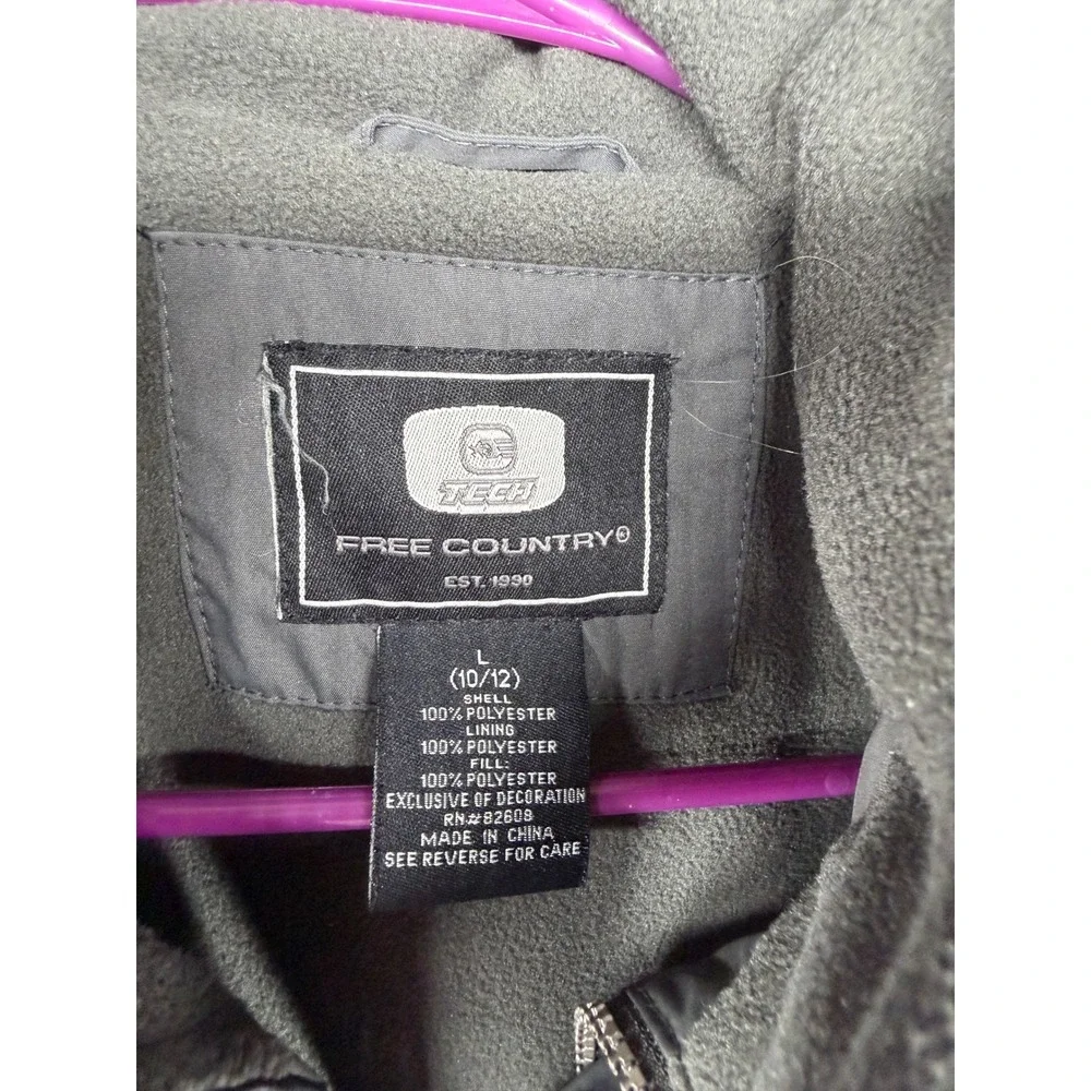 Free Country Boy Tech Ski Jacket Large 10/12 Black Gray Fleece Lined Hooded Coat
